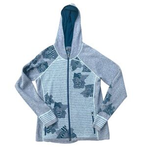 Title Nine Teal and Gray Knit Wool Blend Hoodie XL Floral Striped Sweater Zip